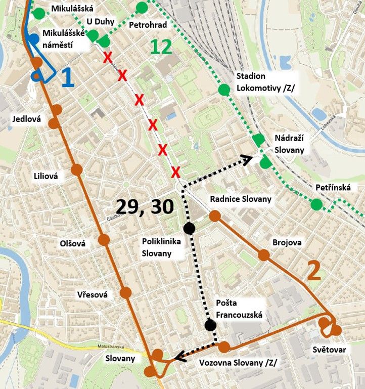 Mapa s vyznačenou výlukou MHD 240221_Koterovska_vyluka_Tram