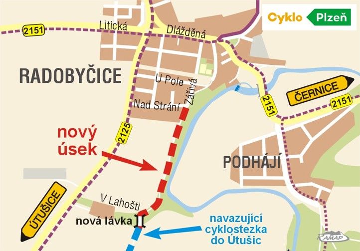 Mapa Greenway stezka podél Úhlavy s vyznačeným novým úsekem včetně lávky přes rokli V Lahošti 240408_Mapa_cyklo_Uhlava_V_Lahosti
