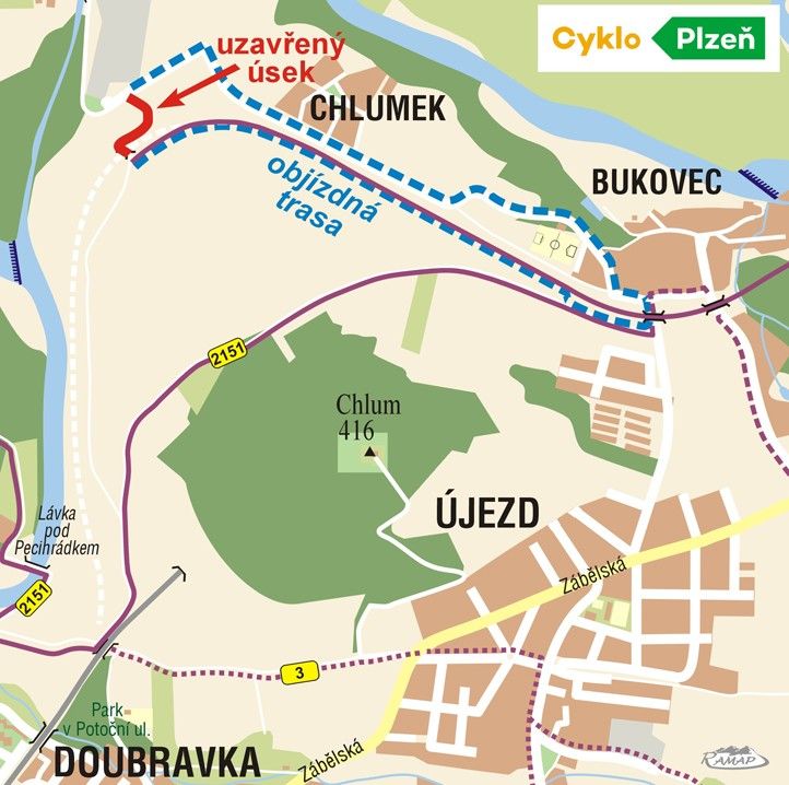 Mapa s uzavřeným úsekem od bukovecké papírny k bývalé železniční trati 240719_Mapa_cyklo_Chlumek_Bukovec
