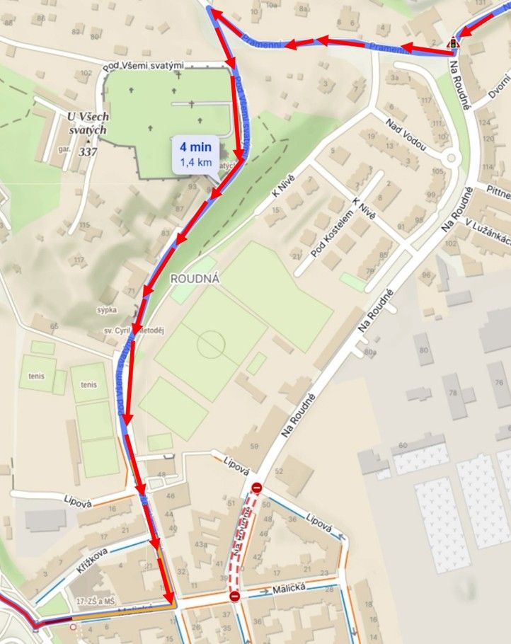 Objízdná trasa do centra (zdroj: Městská policie Plzeň) 240919_Roudna_objizdna_trasa_do_centra