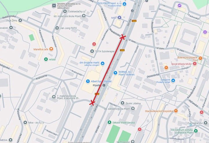 Ilustrační zákres v mapě 240927_Gerska_uzavirka