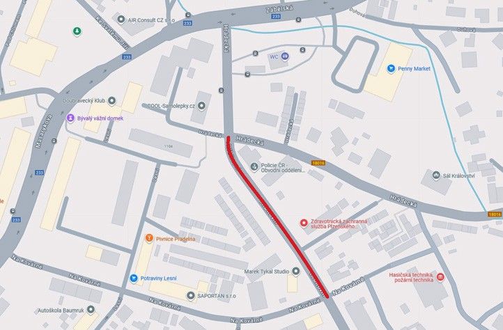 Zákres úseku Hřbitovní mezi ulicemi Hrádecká a Na Kovárně 241114_Hrbitovni_Mapa_I_etap