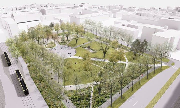 Vizualizace náměstí Míru (zdroj: FLERA, s. r. o. / DICE25 architects, s. r. o.) 260514_Namesti_Miru_nadhled_1